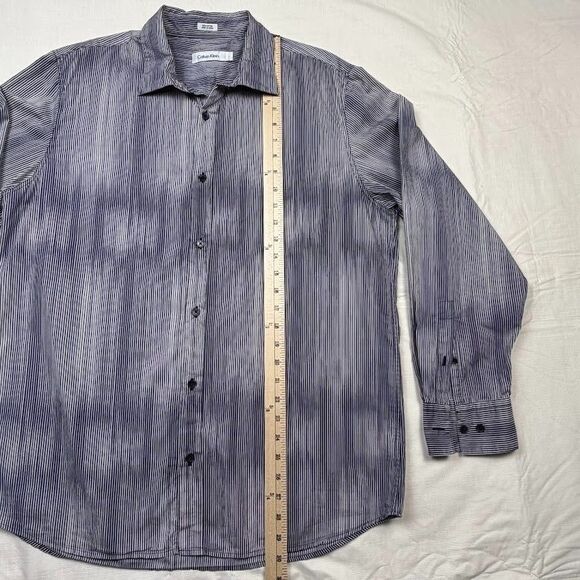 Calvin Klein 100% Cotton Blue/White Striped Long-Sleeve Button-Up Shirt, Large - Picture 7 of 10